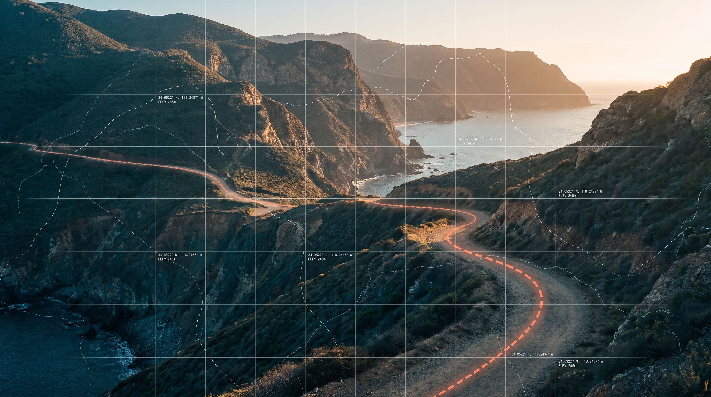 A coastal road at golden hour overlaid with map graticule lines and a coral route