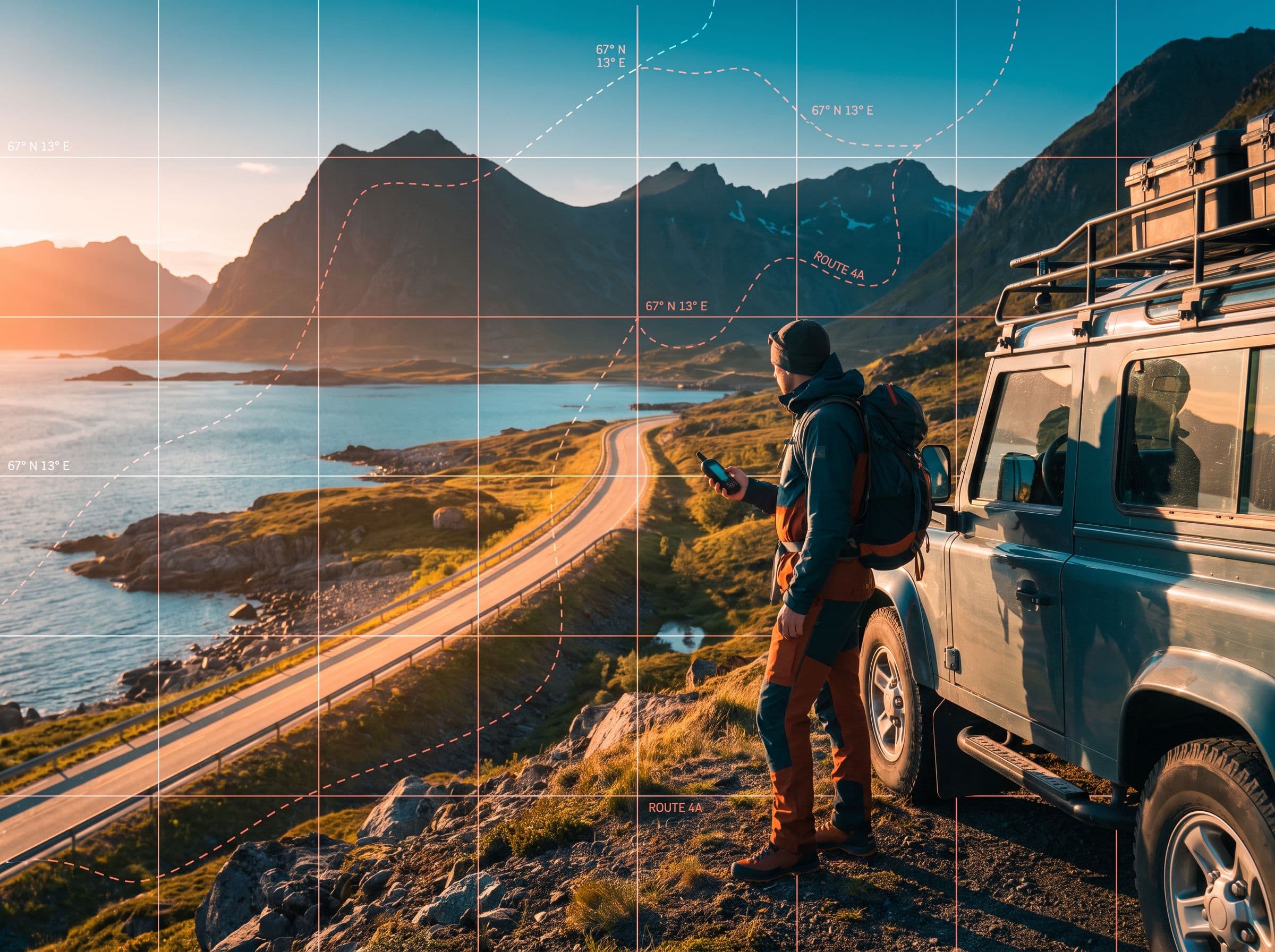 A traveler checking their phone on a coastal road at golden hour